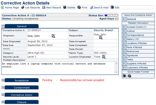 Corrective Action Screenshot